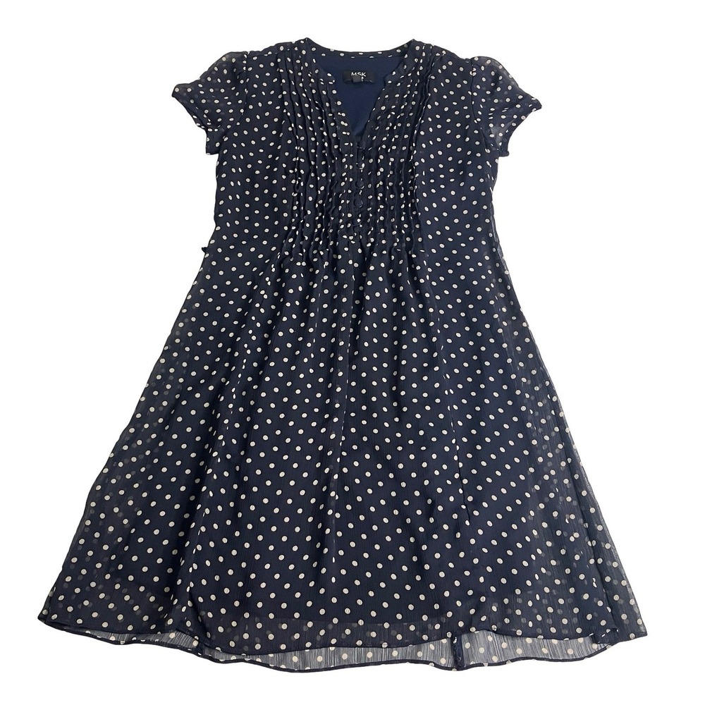 MSK Polka Dot Dress Womens 8 Petite Navy Blue‎ Pintuck Pleat Flutter Sleeve Mod